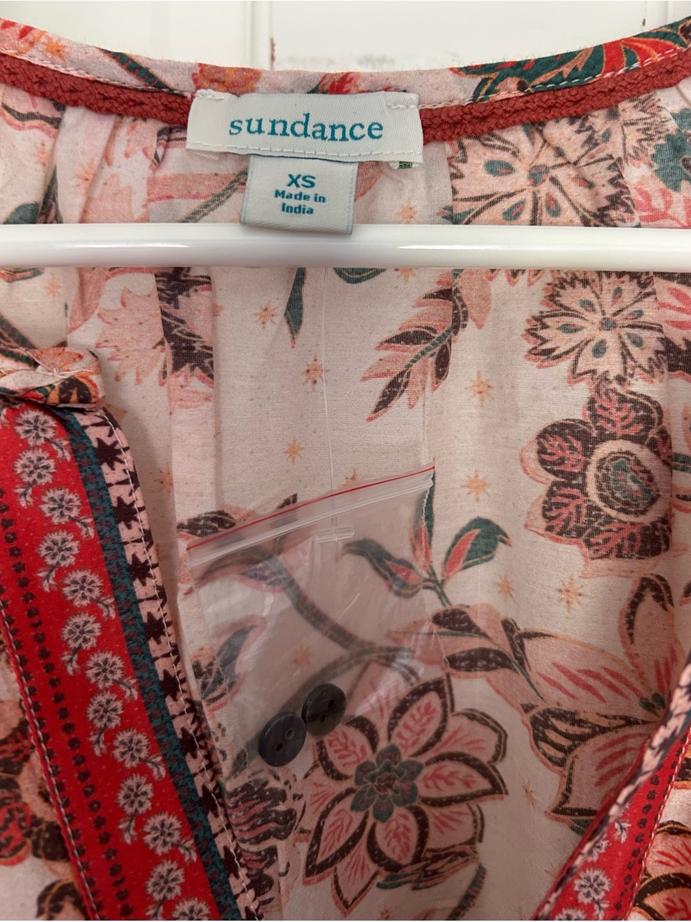 Sundance Pink Floral Peasant Blouse with Red Trim. Lightweight tunic. - Picture 4 of 8